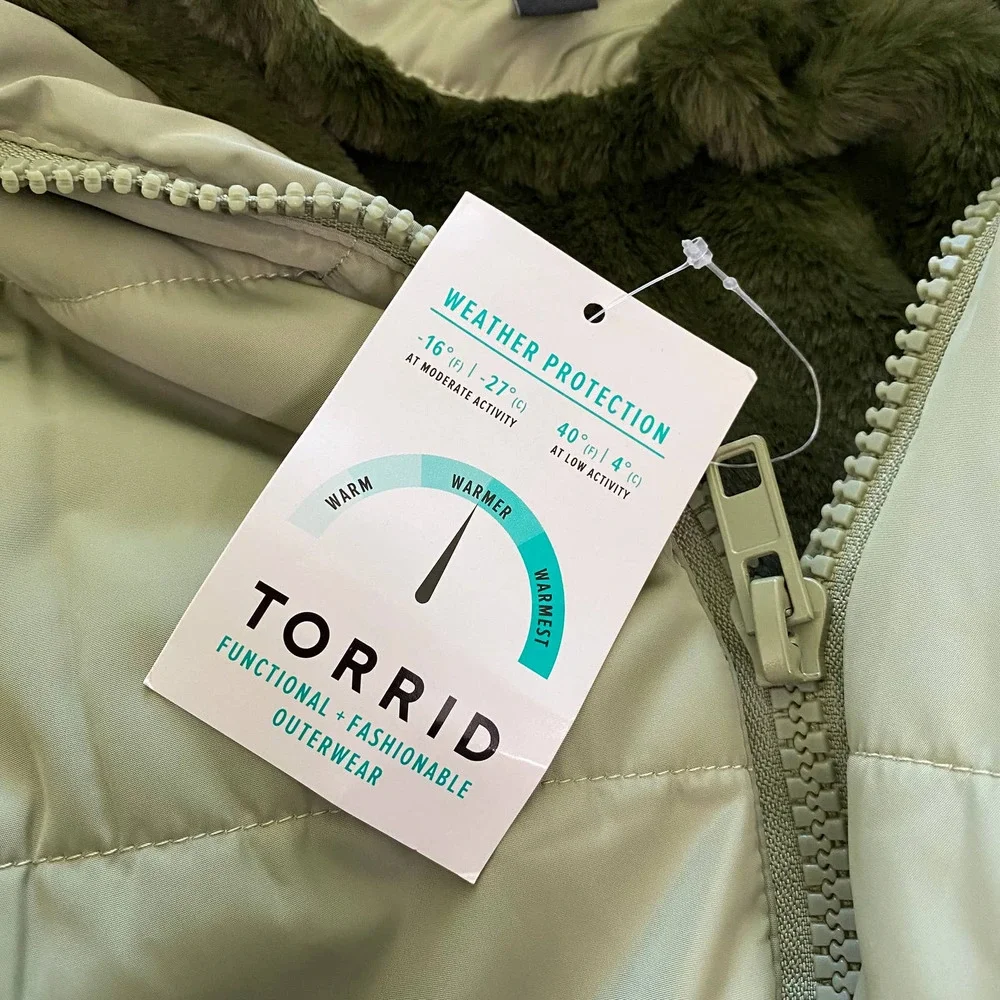 Torrid NWT Fit & Flare Puffer Jacket - Twill Olive Green Size 5X Removable Hood - Picture 9 of 10